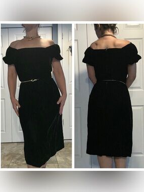Vintage Deadstock Velvet Off Shoulder Puff Sleeve Midi Dress Sz 11/12
